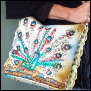 (NWT) MAGNIFIQUE, LEATHER, HAND-PAINTED, PEACOCK, CROSSBODY/SHOULDER BAG